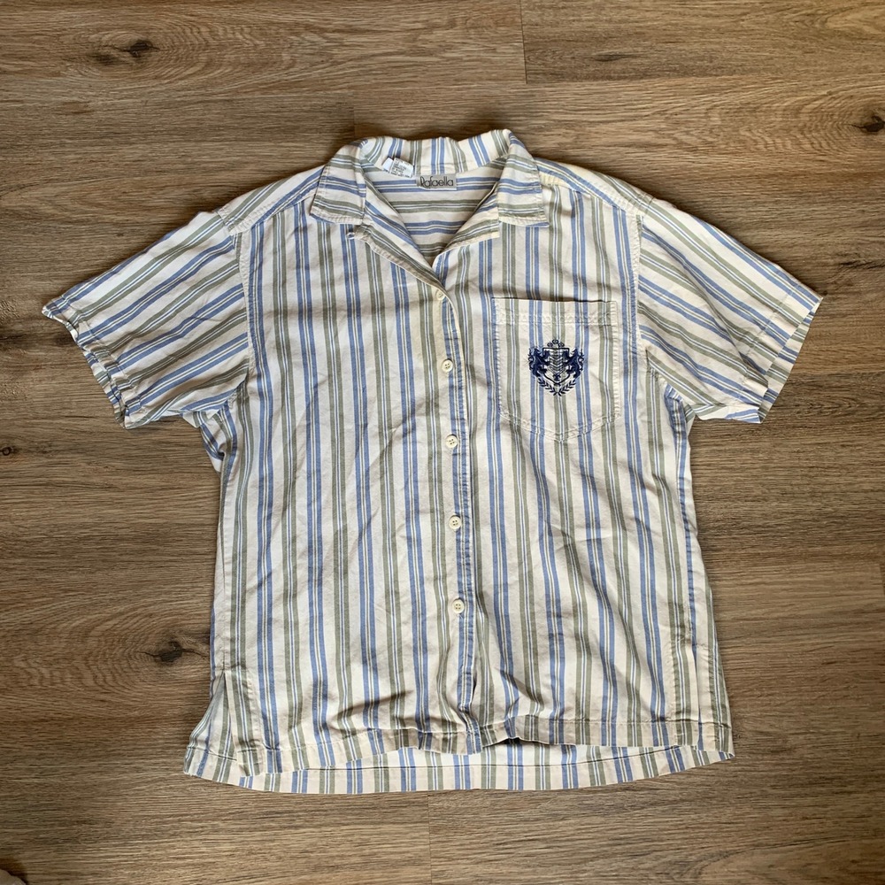 Vintage 90s Rafaella Medium Blue Green Striped Cotton Button Down Crest Shirt